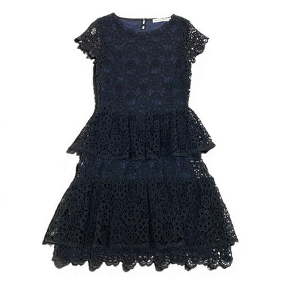 Dior Flower Lace Dress Tiered 44 Black Navy — view 3
