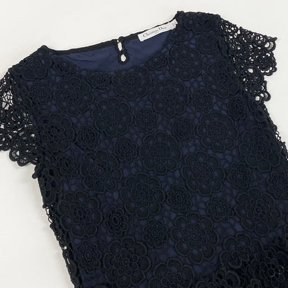 Dior Flower Lace Dress Tiered 44 Black Navy — view 4