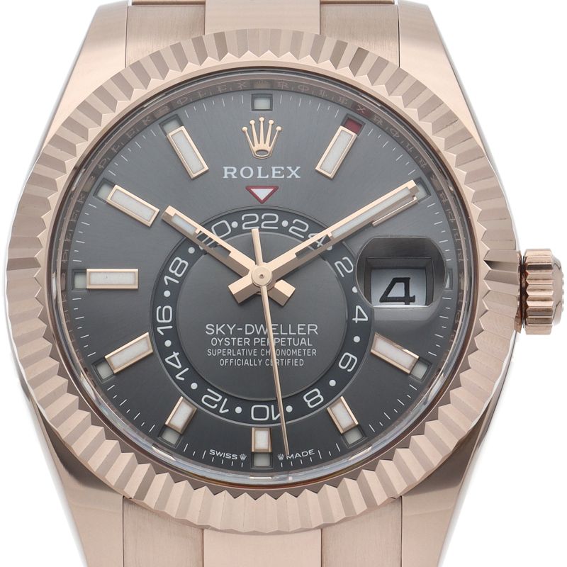 Rolex Sky Dweller Watch Oyster Calf Box 18k Pink Gold Gray Polished