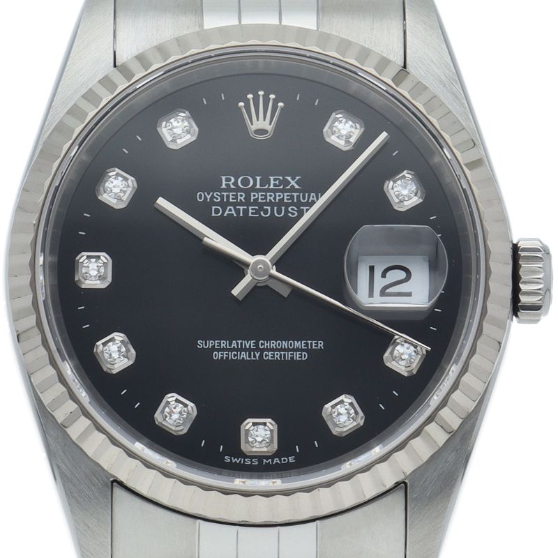 Rolex Datejust Watch Diamond 18k White Gold SS Black Polished 20