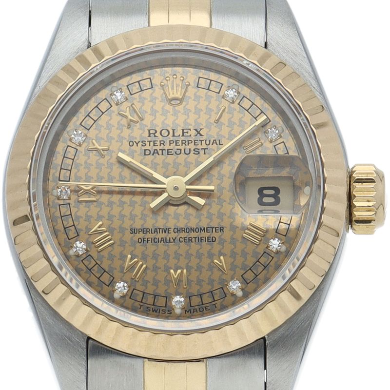 Rolex Datejust Watch Diamond Houndstooth Dial 18k Yellow Gold SS