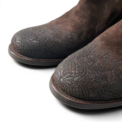 Prada Suede Leather Long Boots with Buckle Embroidery — view 7