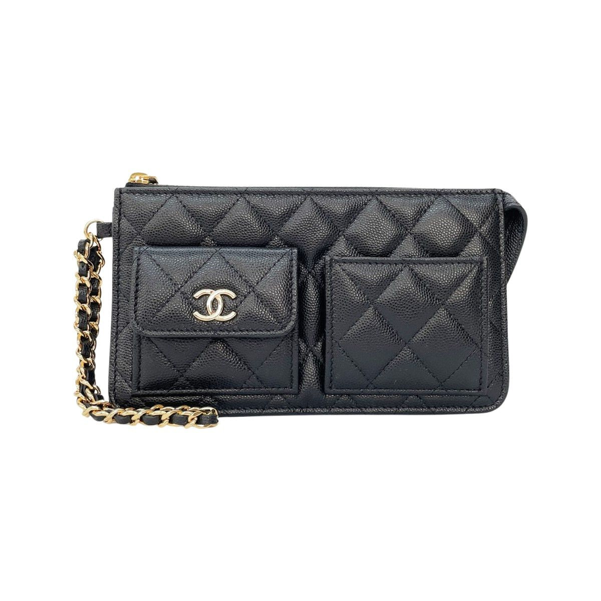 Chanel Clutch Caviar Leather Quilted Chain Wallet Black