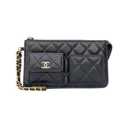 Chanel Clutch Caviar Leather Quilted Chain Wallet Black