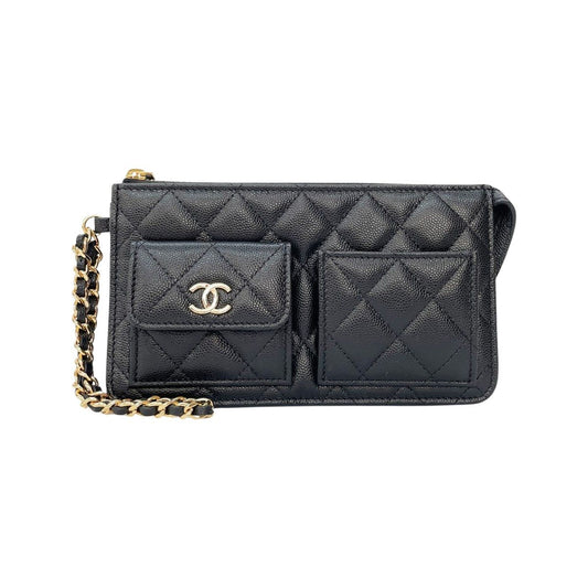 Chanel Clutch Caviar Leather Quilted Chain Wallet Black
