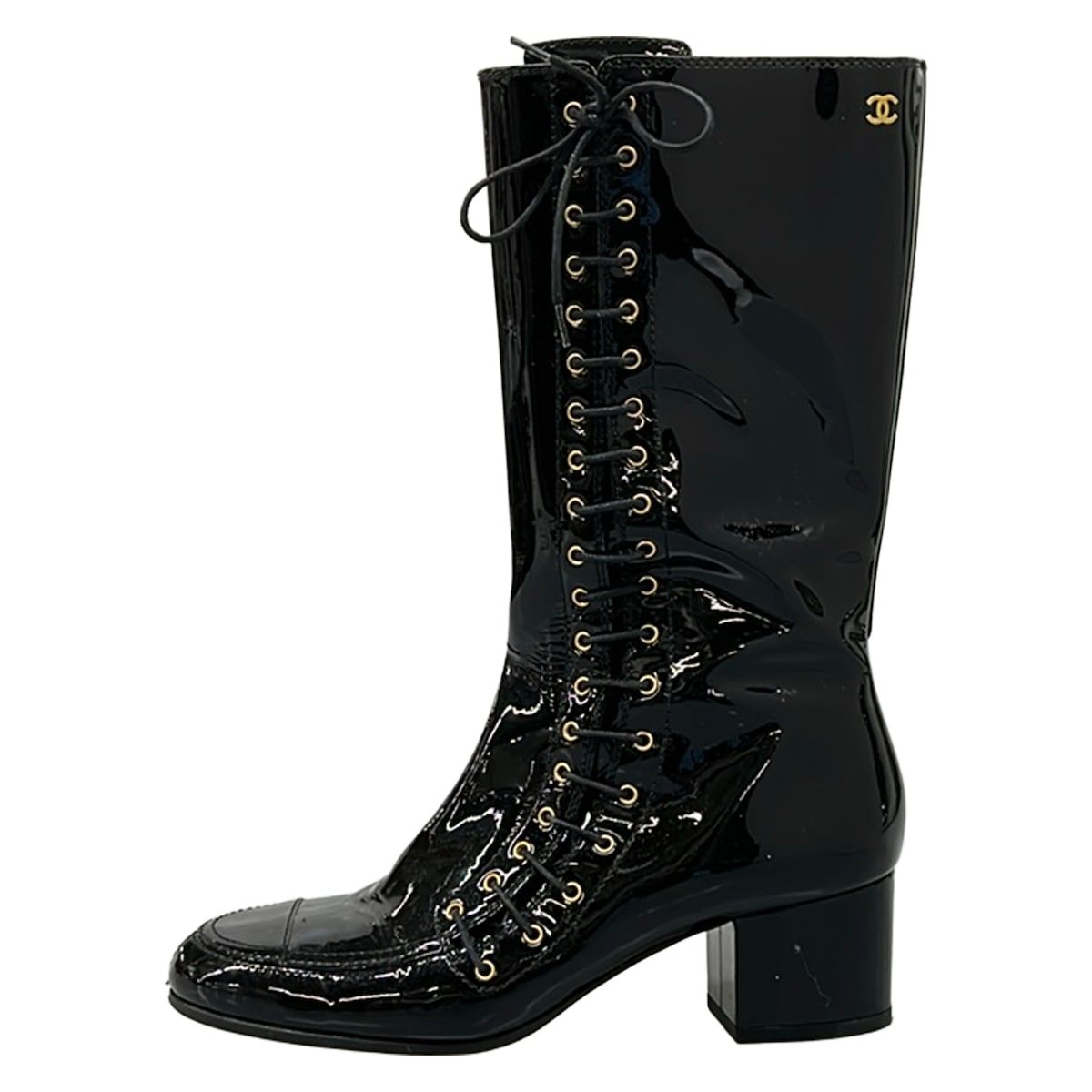Chanel 1 2C Ready Black CC Logo Gold Leather Boot