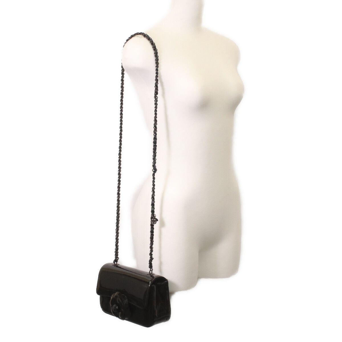 Chanel Sole Black Single Flap Patent Camellia Small Chain Bag — view 6