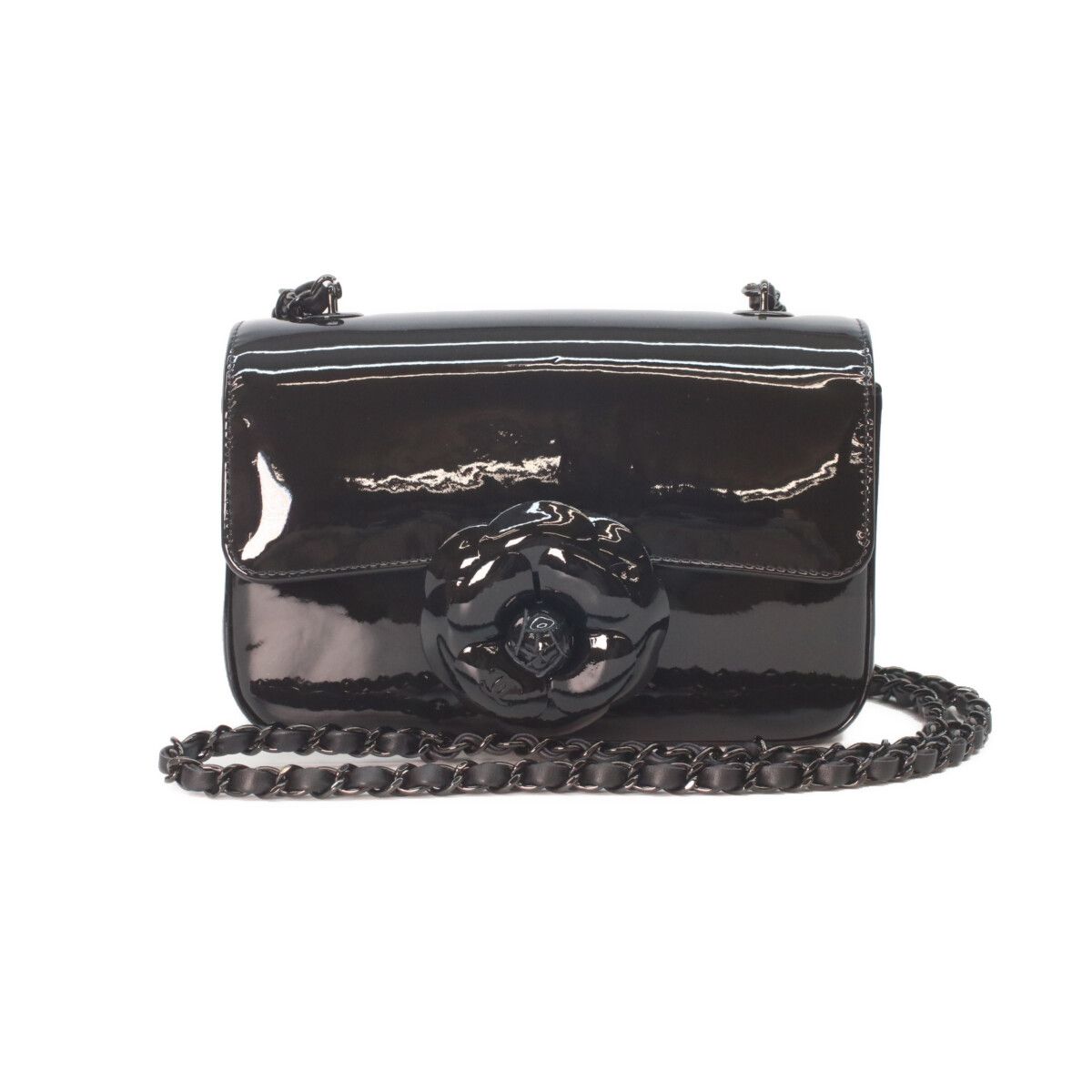 Chanel Sole Black Single Flap Patent Camellia Small Chain Bag
