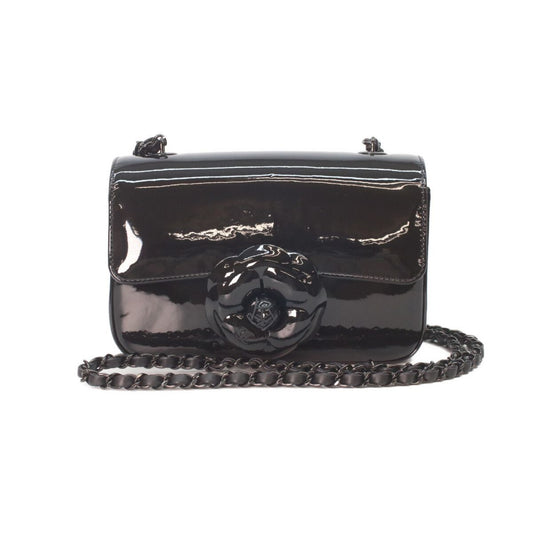 Chanel Sole Black Single Flap Patent Camellia Small Chain Bag