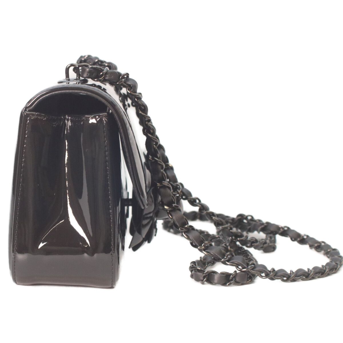 Chanel Sole Black Single Flap Patent Camellia Small Chain Bag — view 4