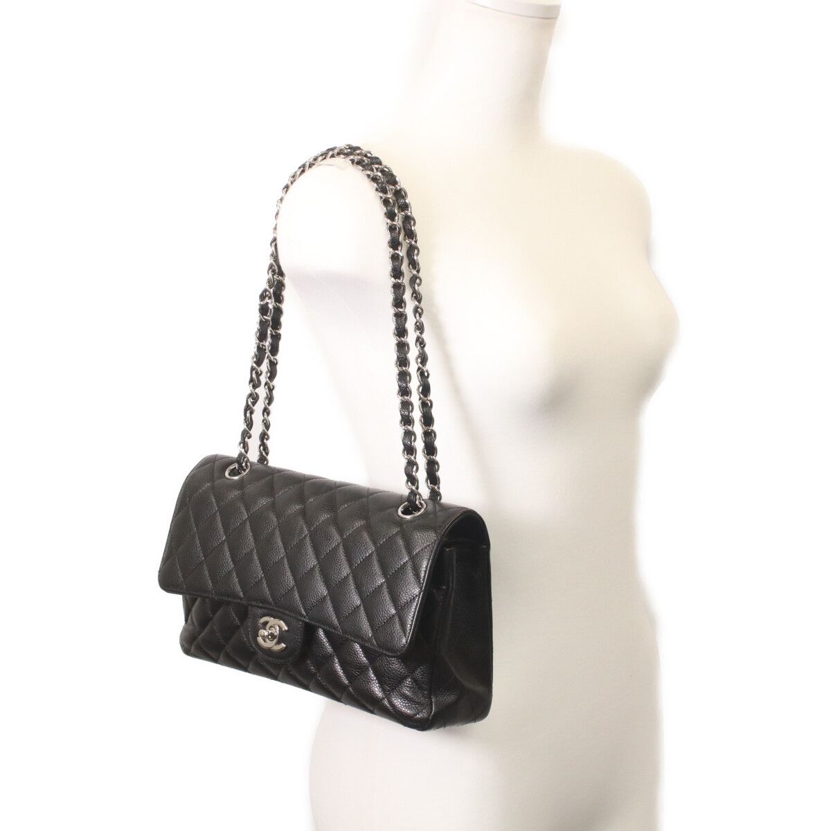 Chanel Black Caviar Silver Double Flap Quilted 25 — view 9