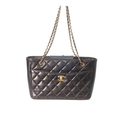 Chanel Black Shiny Lambskin Gold Small Shopping Tote