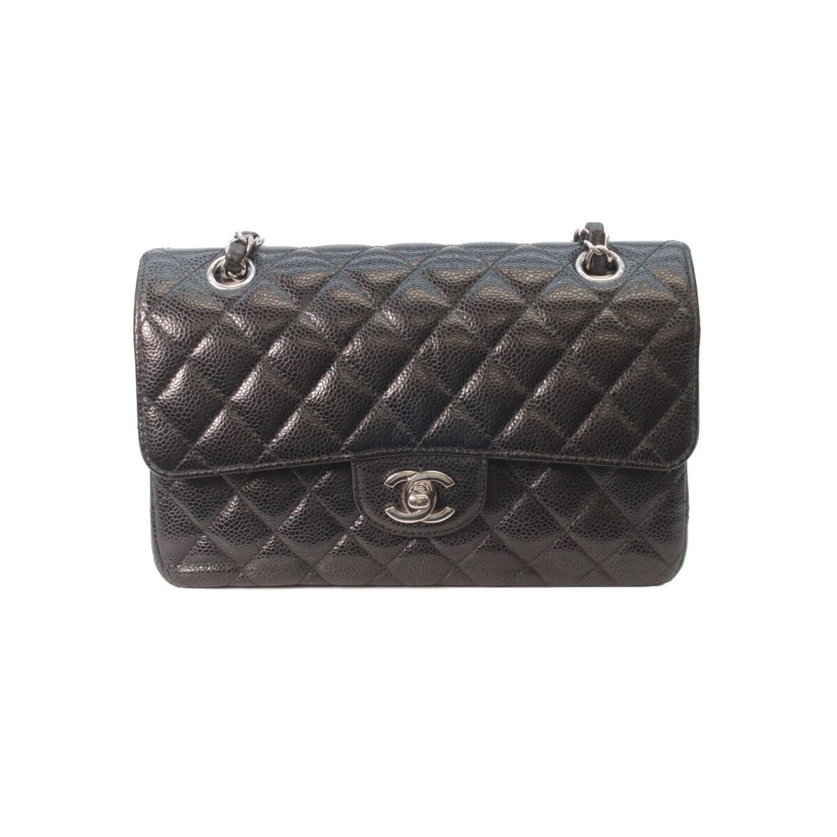 Chanel Black Caviar Silver Double Flap Quilted 23 Chain Shoulder Bag