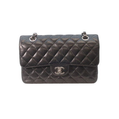 Chanel Black Caviar Silver Double Flap Quilted 23 Chain Shoulder Bag
