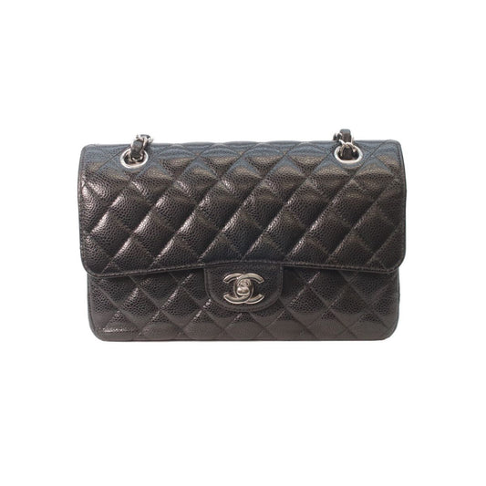 Chanel Black Caviar Silver Double Flap Quilted 23 Chain Shoulder Bag