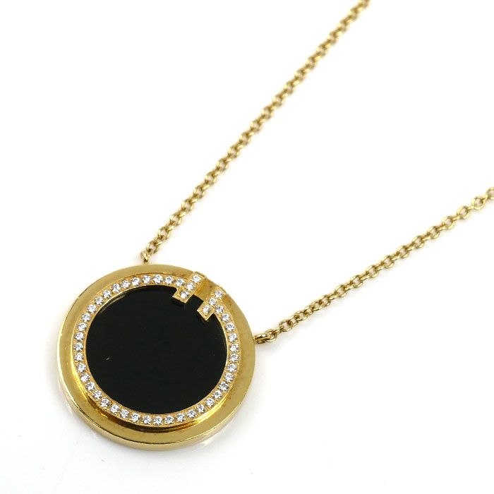 Tiffany & Co 18k Yellow Gold T Two Circle Necklace Onyx Diamond 41 46 cm