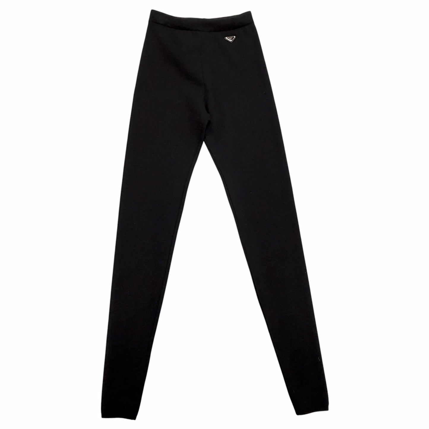 Prada Leather Triangle Plate Logo Knit Pants Leggings 36 Black