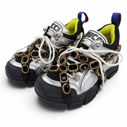 Gucci Flash Trek Bijou Leather Sneakers with Belt Silver Multi