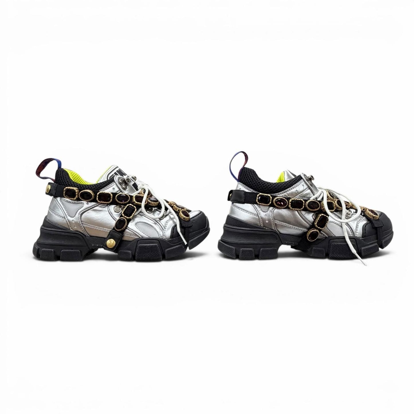 Gucci Flash Trek Bijou Leather Sneakers with Belt Silver Multi — view 3