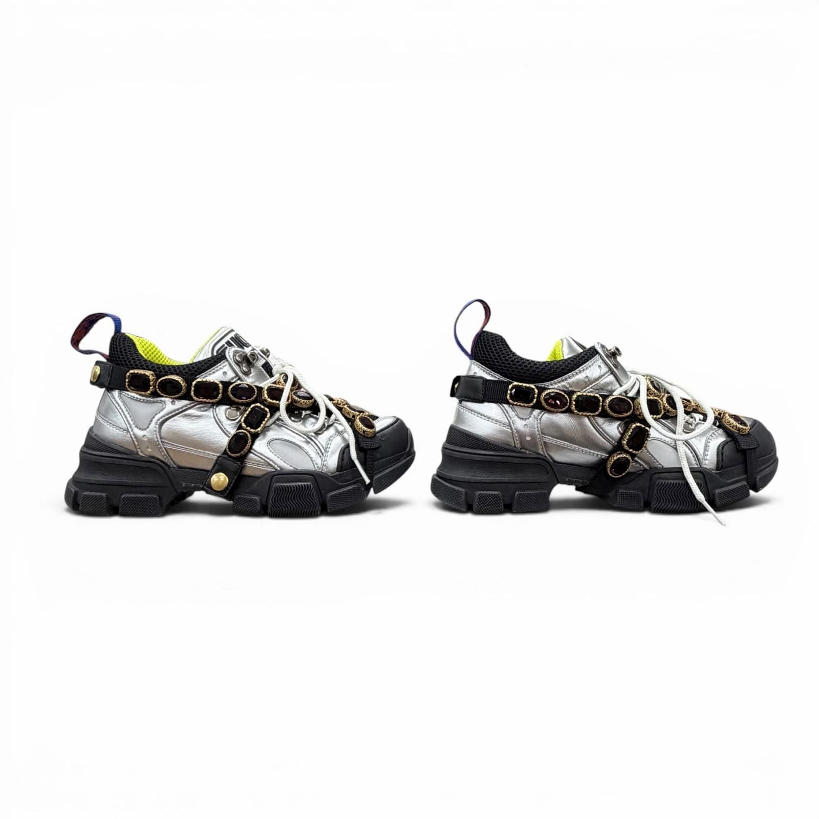 Gucci Flash Trek Bijou Leather Sneakers with Belt Silver Multi — view 3