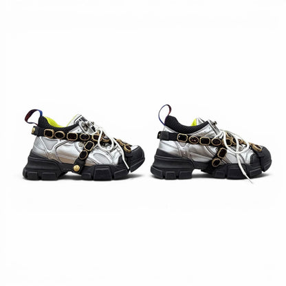 Gucci Flash Trek Bijou Leather Sneakers with Belt Silver Multi — view 3