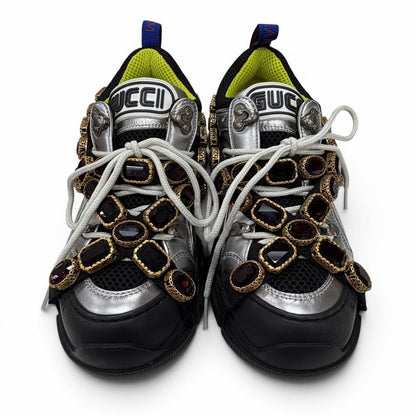 Gucci Flash Trek Bijou Leather Sneakers with Belt Silver Multi — view 6