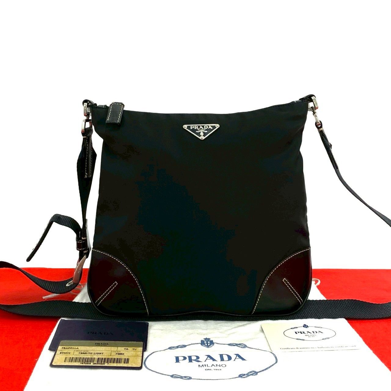 Prada Triangle Logo Nylon Leather Shoulder Bag Pochette Crossbody Black