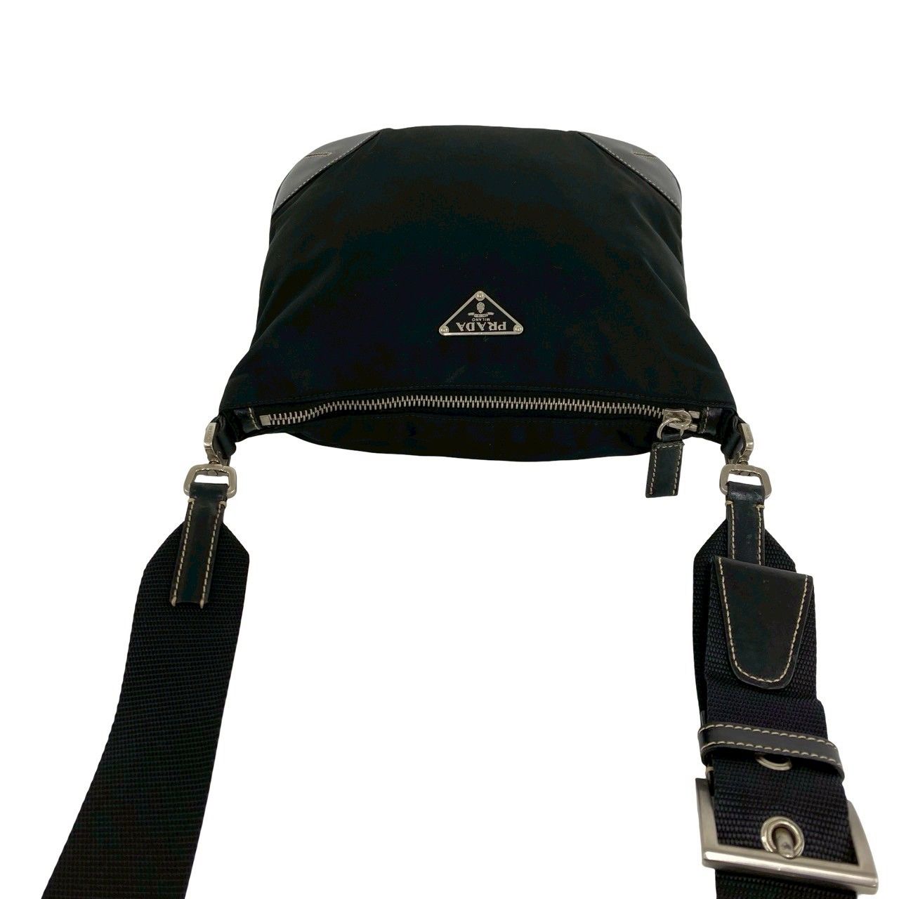 Prada Triangle Logo Nylon Leather Shoulder Bag Pochette Crossbody Black — view 4