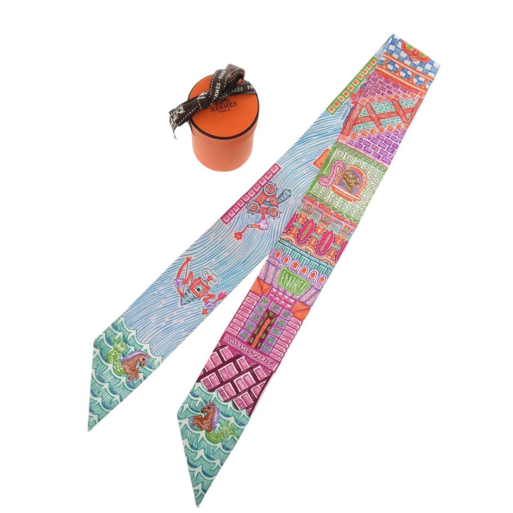 Hermes Twilly Super Silk Quest Rose Turquoise Orange Scarf