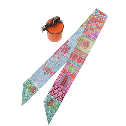Hermes Twilly Super Silk Quest Rose Turquoise Orange Scarf