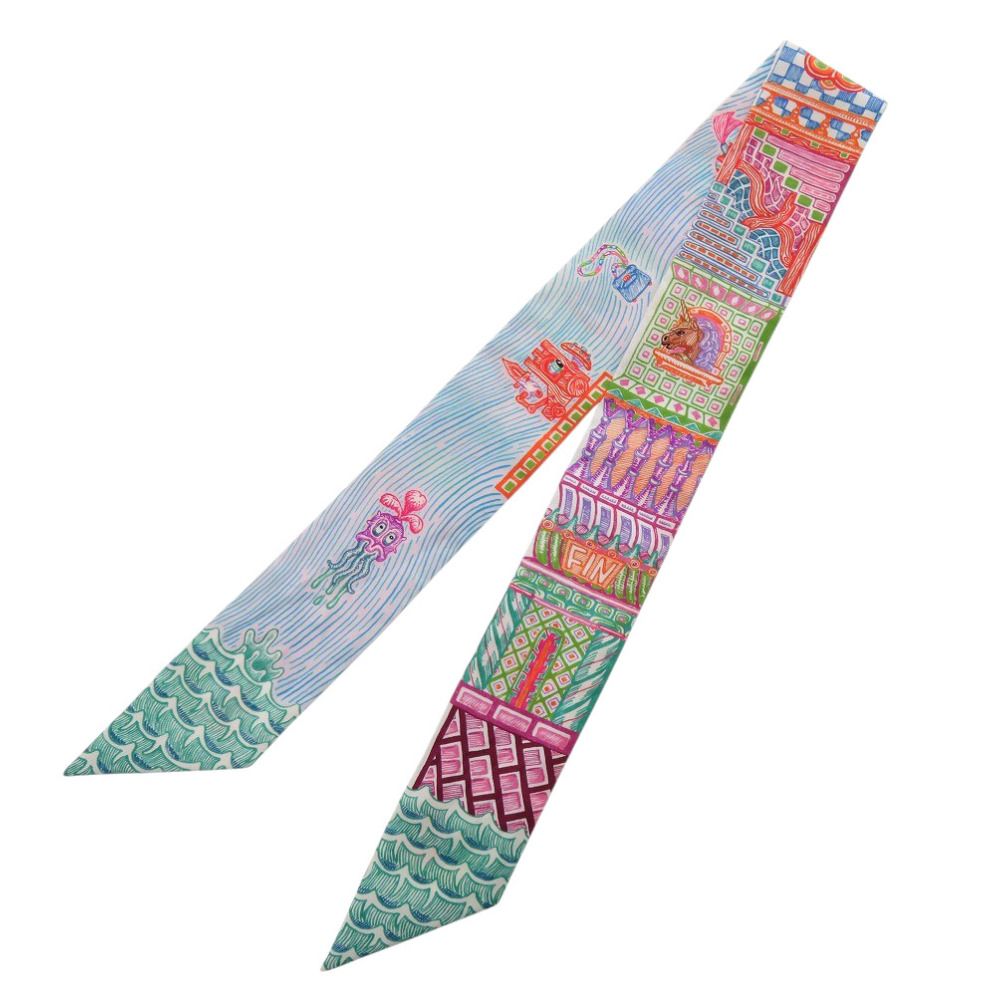 Hermes Twilly Super Silk Quest Rose Turquoise Orange Scarf — view 2