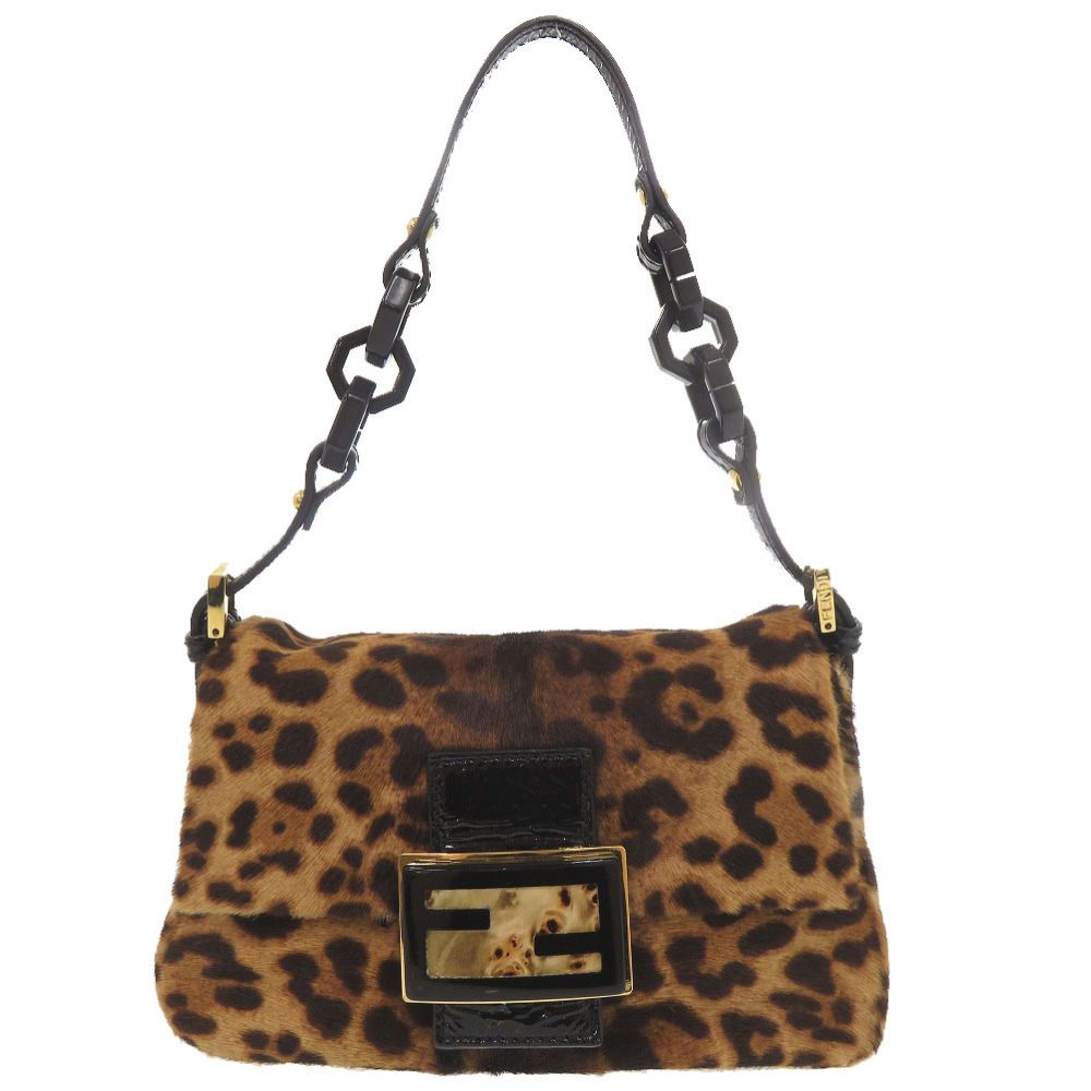 Fendi Mini Mamma Baguette Leopard Pattern Calf Hair Brown Shoulder Bag