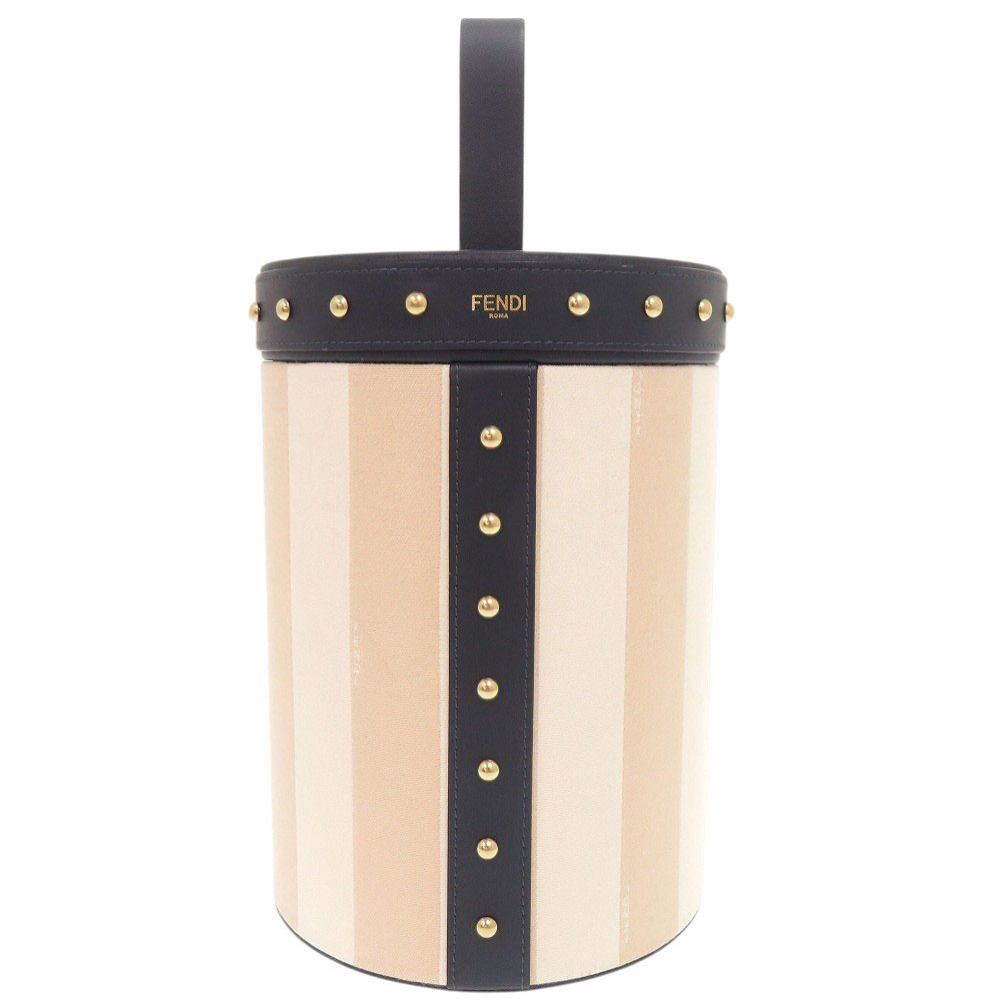 Fendi Striped Pattern Studs Leather Canvas Navy Beige Multi Box Case Shoulder
