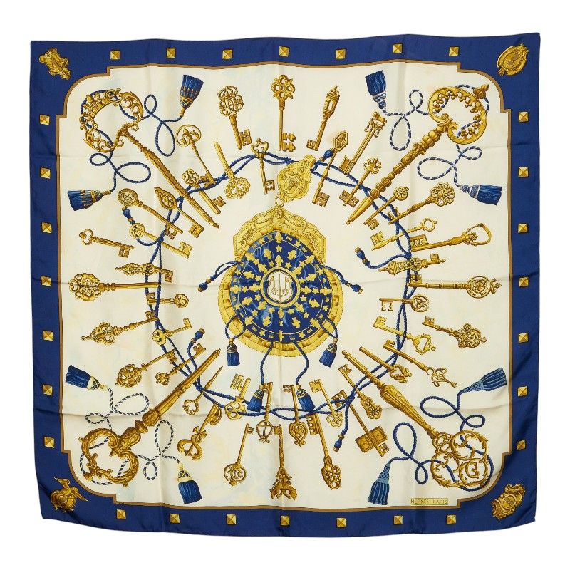 Hermes Carre 90 les Cles Key Scarf Blue Multicolor Silk