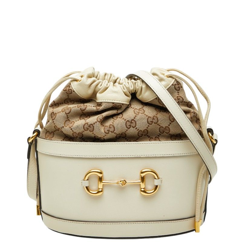 Gucci GG Canvas Horsebit Bucket Bag Beige Leather