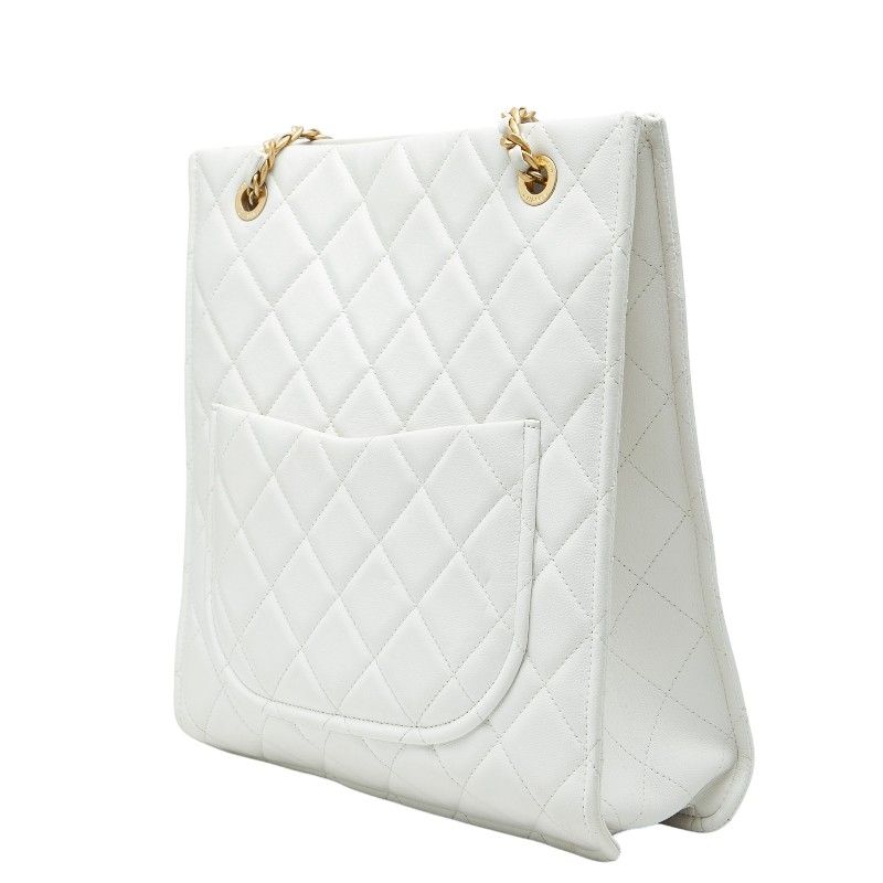 Chanel CC Logo Quilted Chain Tote Shoulder Bag White Caviar Leather — view 2