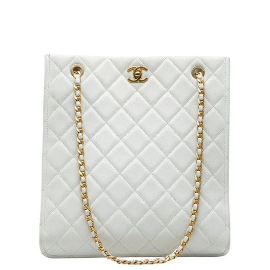 Chanel CC Logo Quilted Chain Tote Shoulder Bag White Caviar Leather