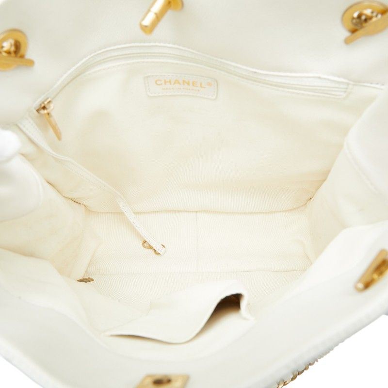 Chanel CC Logo Quilted Chain Tote Shoulder Bag White Caviar Leather — view 6
