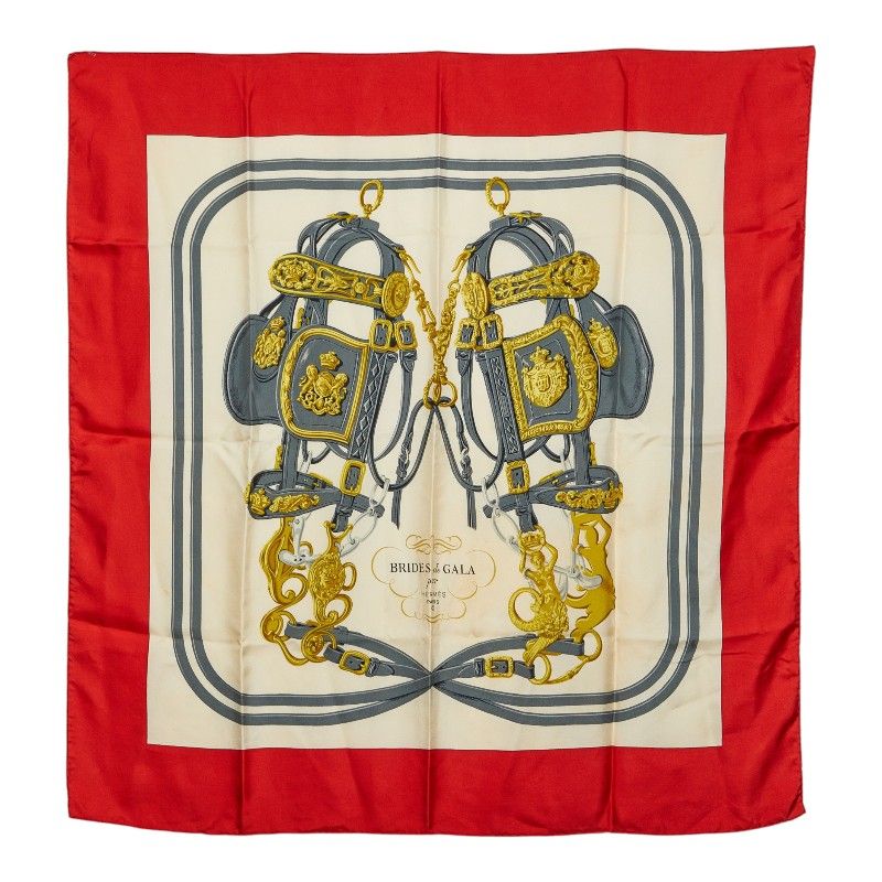 Hermes Carre 90 Brides de Gala Ceremony Bridle Scarf Red Multicolor Silk