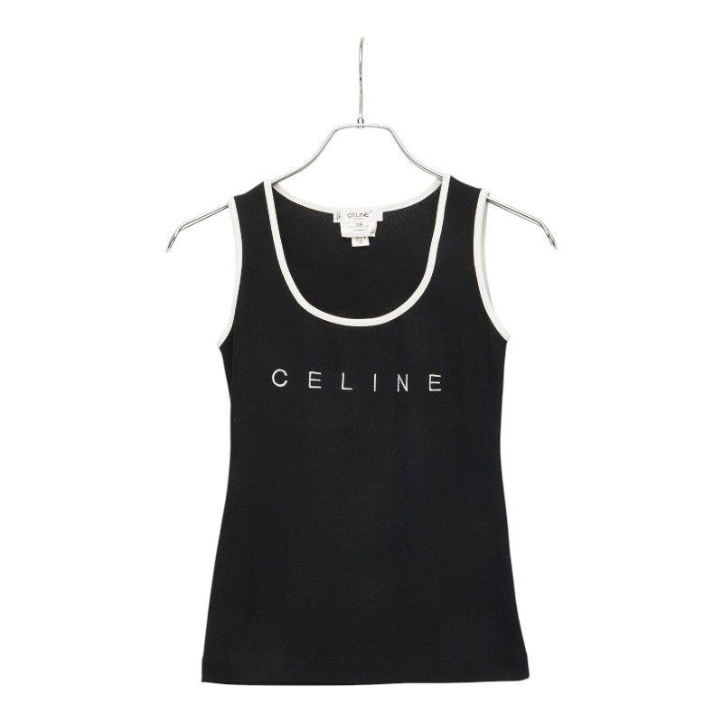 Celine Logo Tank Top Camisole 38 Black White Polyester Nylon