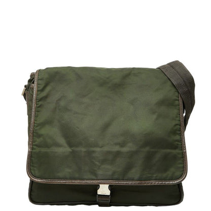 Prada Tessuto Messenger Bag Khaki Green Brown Nylon Leather