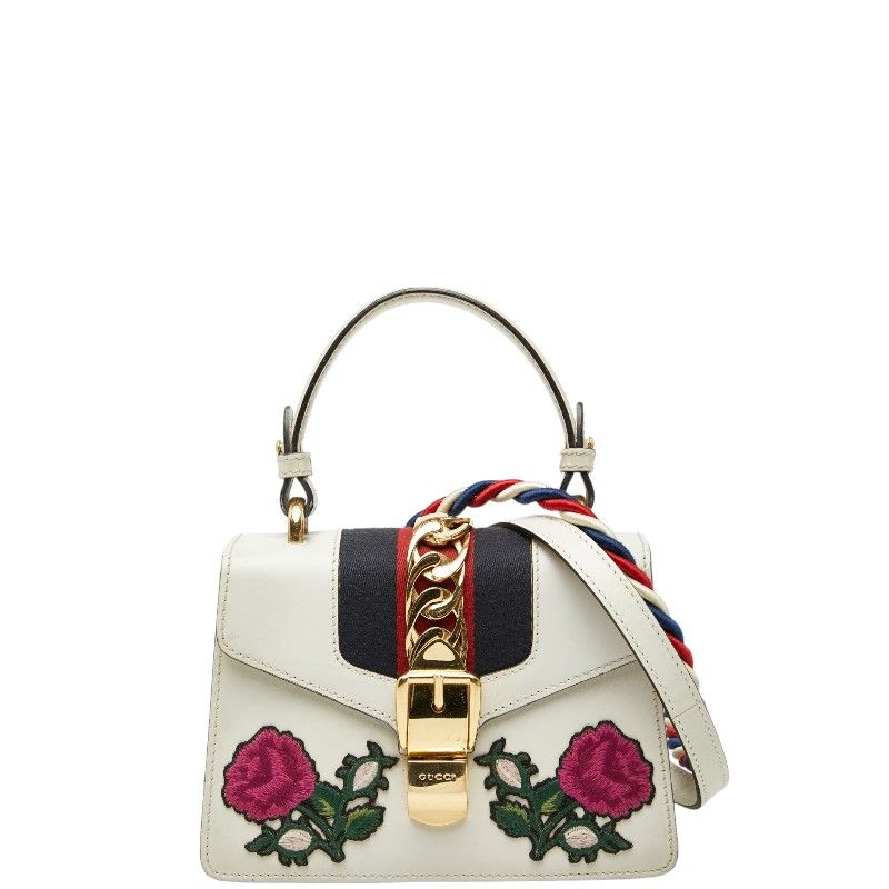 Gucci Sylvie Sherry Line Rose Applique Mini 2-Way Shoulder Bag White Leather