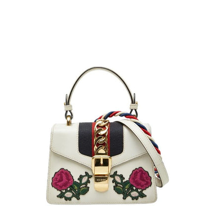 Gucci Sylvie Sherry Line Rose Applique Mini 2-Way Shoulder Bag White Leather