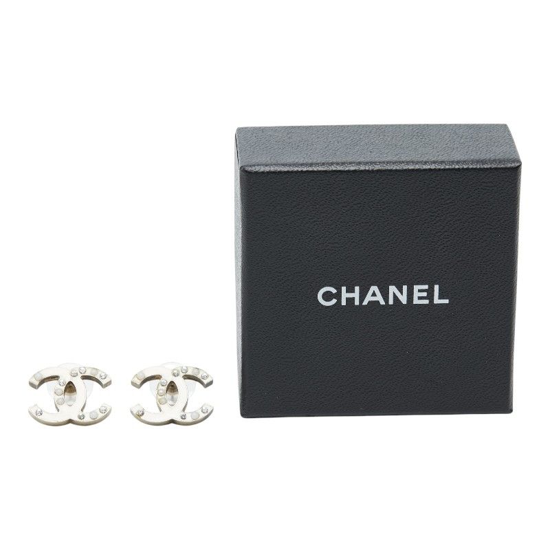 Chanel CC Logo Line Stone Faux Pearl Earrings Metal — view 5