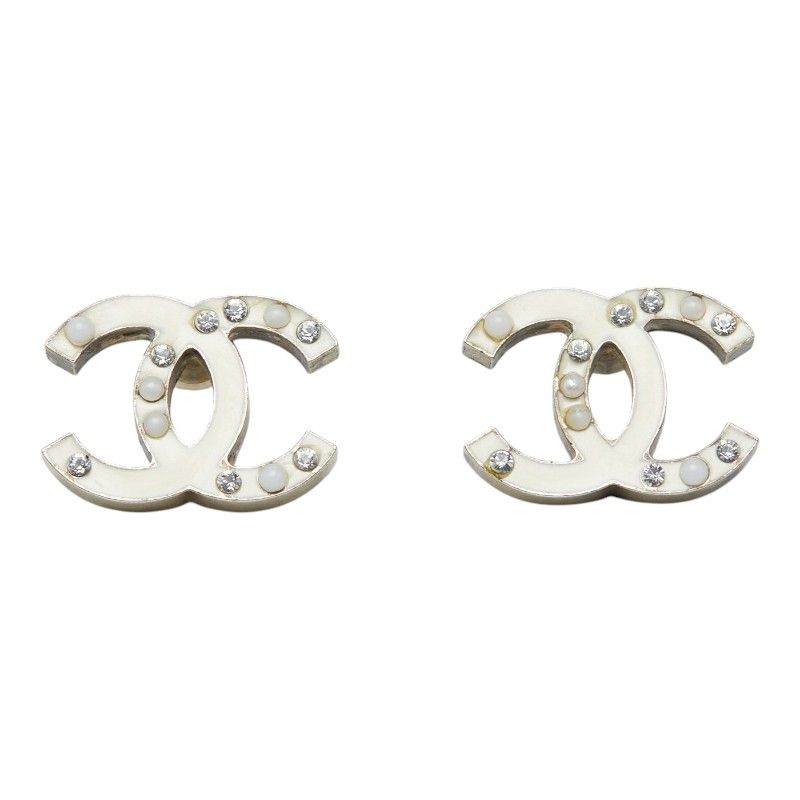 Chanel CC Logo Line Stone Faux Pearl Earrings Metal — view 2