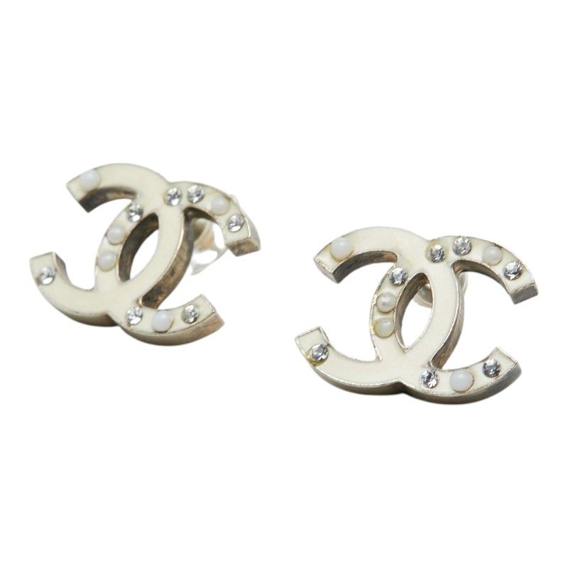 Chanel CC Logo Line Stone Faux Pearl Earrings Metal