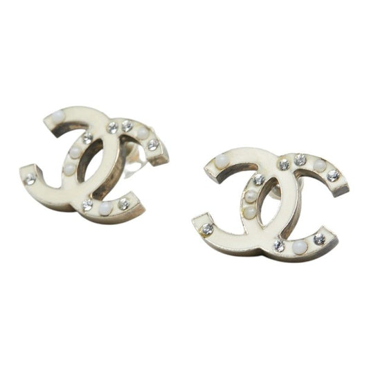 Chanel CC Logo Line Stone Faux Pearl Earrings Metal