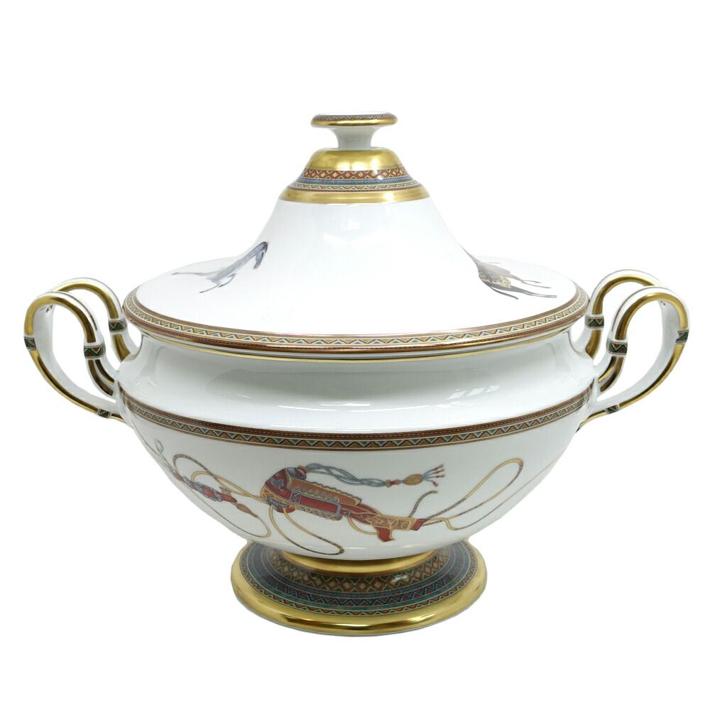 Hermes Chevaldrian Spring Ceramic Horse White Gold Painted Pot Tableware