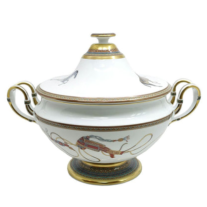Hermes Chevaldrian Spring Ceramic Horse White Gold Painted Pot Tableware