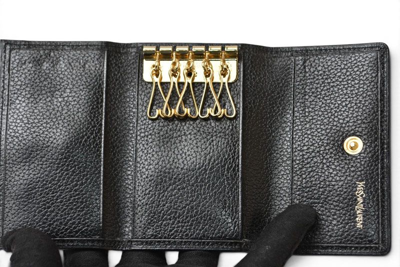 Saint Laurent Yves YSL Key Case Vintage Leather Black Gold Key Holder — view 2